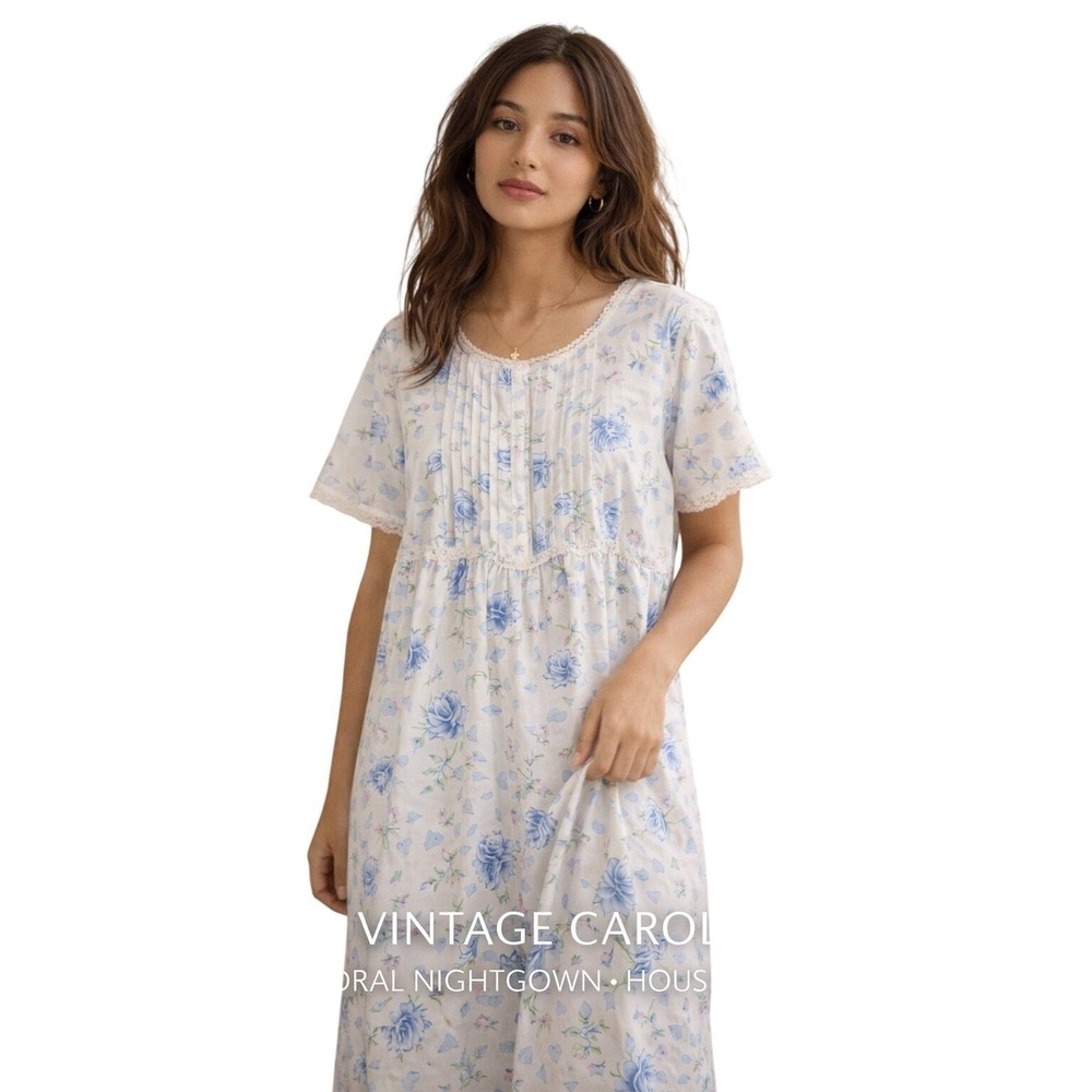 Vintage Carole Floral Nightgown Blue Rose Heart Print House Dress Sz L USA 90s